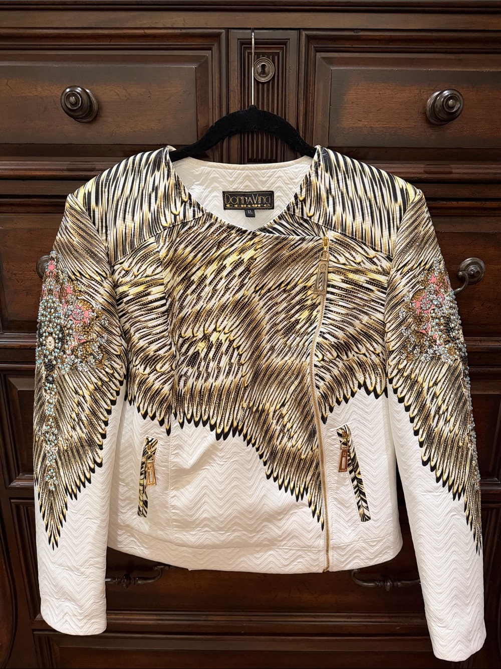 Donna Vinci White & Gold Embellished Moto Jacket